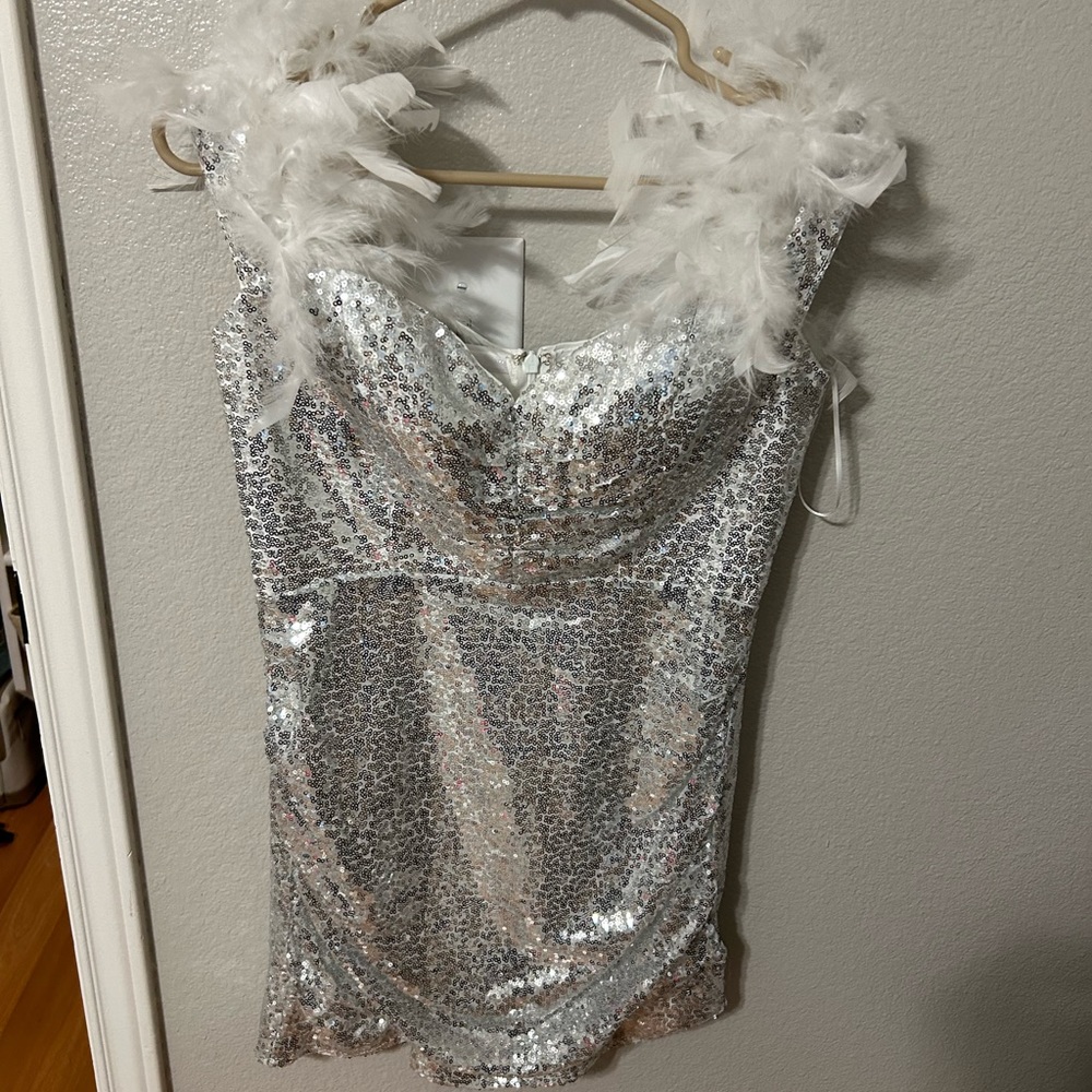 Party dress with sequins and feathers. Worn once. Great shape!